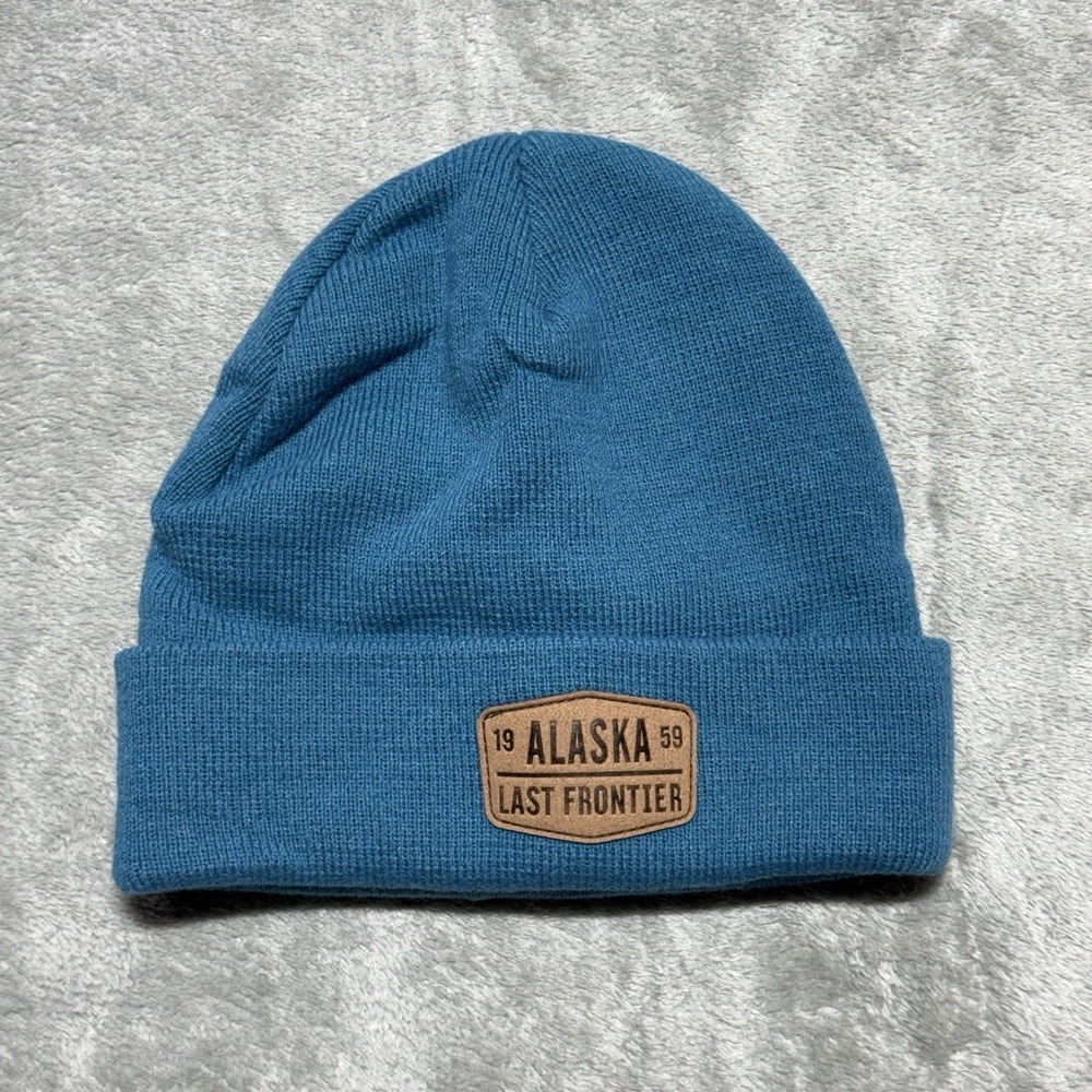 Alaska Last Frontier Beanie Hat Blue Knit Leather Patch Winter‎ Cap One Size